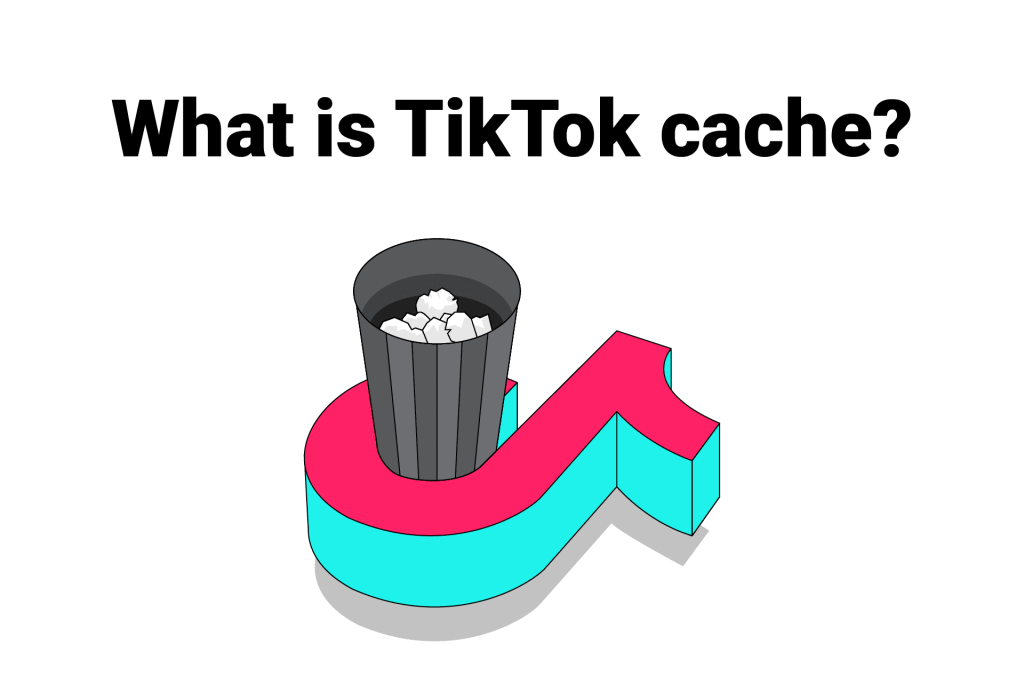 An image if the TikTok icon illustrated as flying horizontally over white surface underneath a text that reads "What is TikTok cache?"